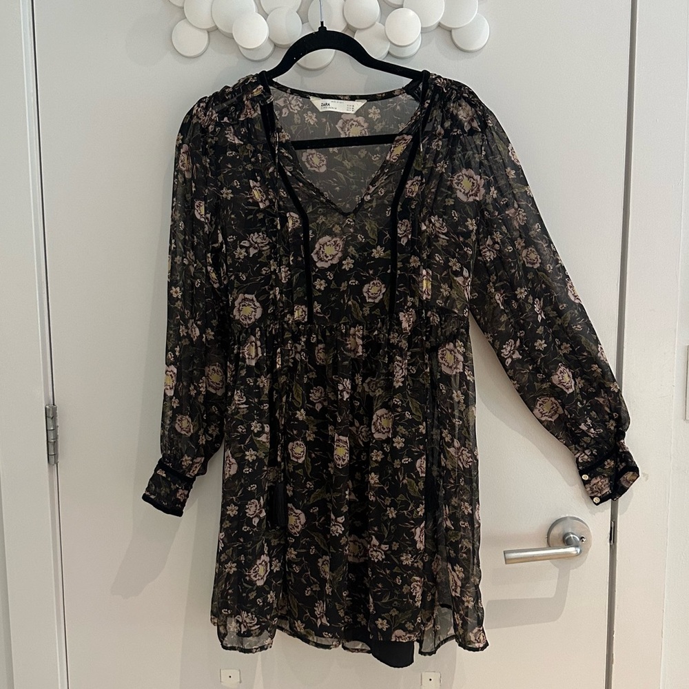 Zara chiffon sheer floral dress velvet trim